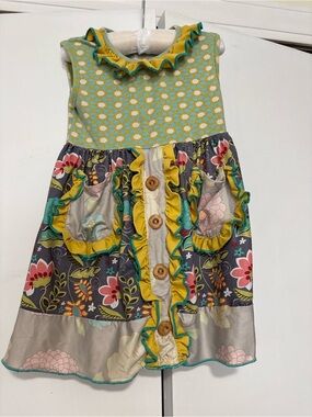 Ruffles by tutu and lulu 2T 3T Button Dress in Yellow, Teal & Gray floral bg8